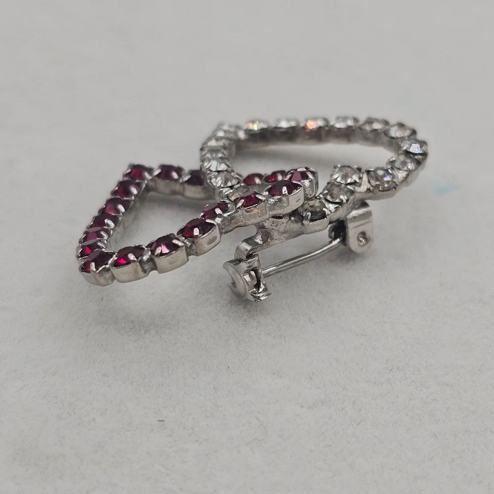 Rhinestone Double Heart Brooch Red Clear Silver Tone Pin Interlocking